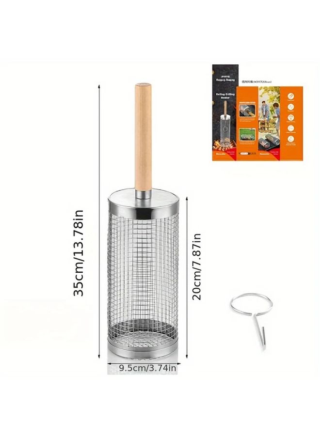 Stainless Steel Rolling Grill Basket 2 Pack S L With Wooden Handle 360 Flip Design For Vegetables Shrimp Outdoor BBQ - Image 3