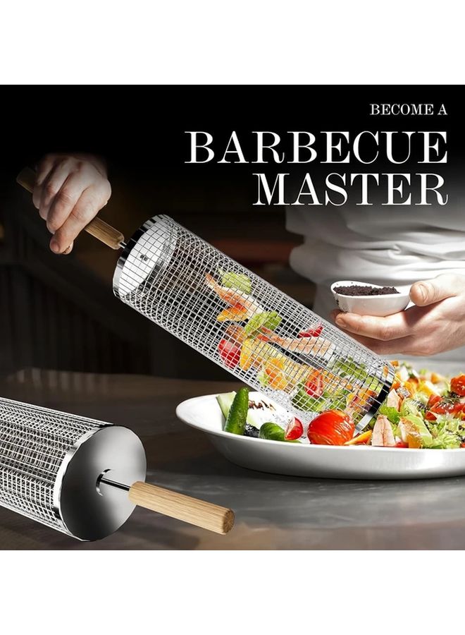 Stainless Steel Rolling Grill Basket 2 Pack S L With Wooden Handle 360 Flip Design For Vegetables Shrimp Outdoor BBQ - Image 2