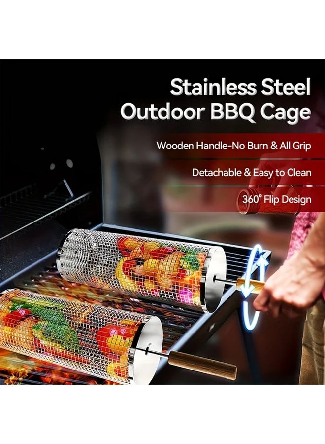 Stainless Steel Rolling Grill Basket 2 Pack S L With Wooden Handle 360 Flip Design For Vegetables Shrimp Outdoor BBQ - Image 1