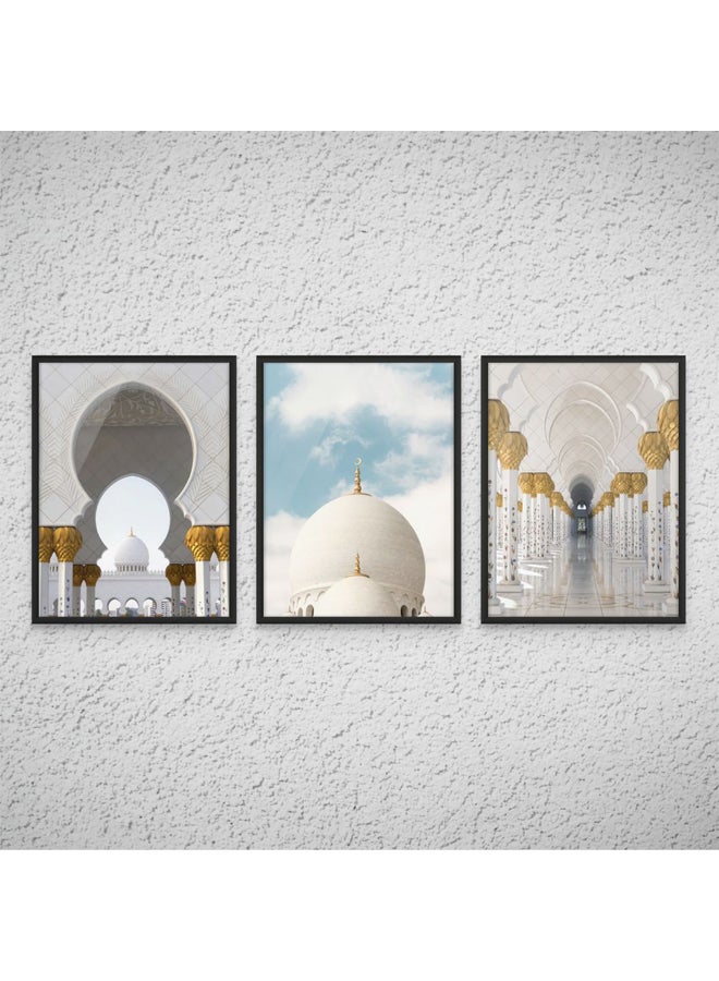 Art Decor Framed Fine Art Set of 3 Islamic Mosque Wall Art Spiritual Religious Print Portrait Wall Décor for Home Bedroom Living Room Office Gifting