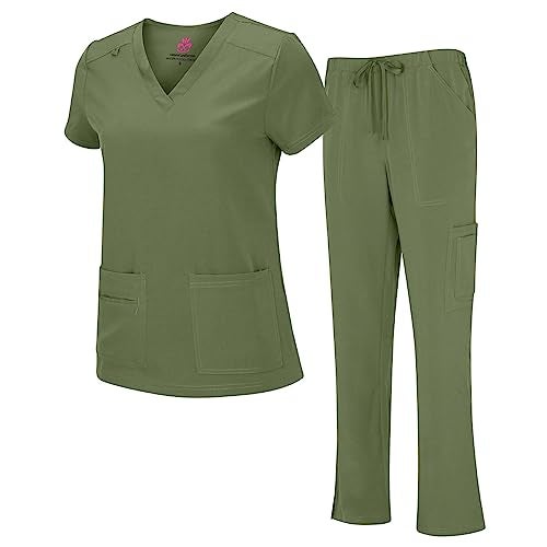 Natural Uniforms طقم قميص بفتحة على شكل حرف V وسروال كارجو للنساء من ناتشورال يونيفورمز (زيتوني، متوسط) - Image 1