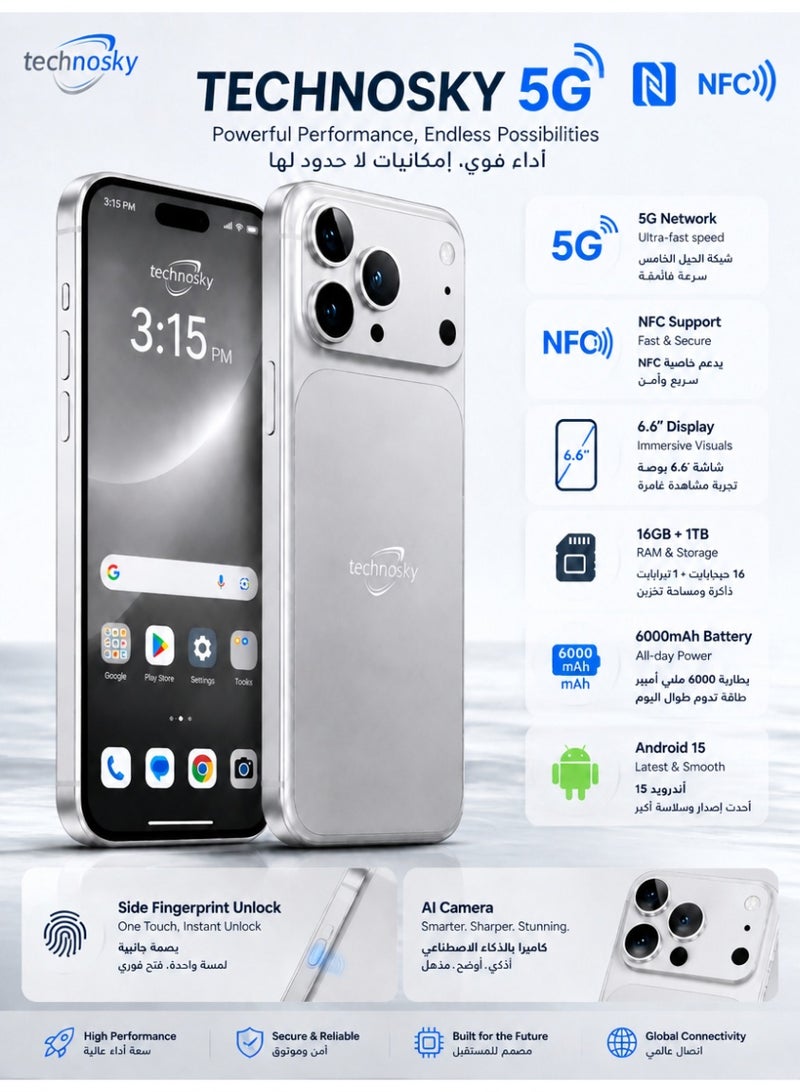 techno sky 17 Pro Max 5G Mobile Phone 6000Mah Battery NFC Support 16GB RAM 1TB Storage Smartphone - Image 1