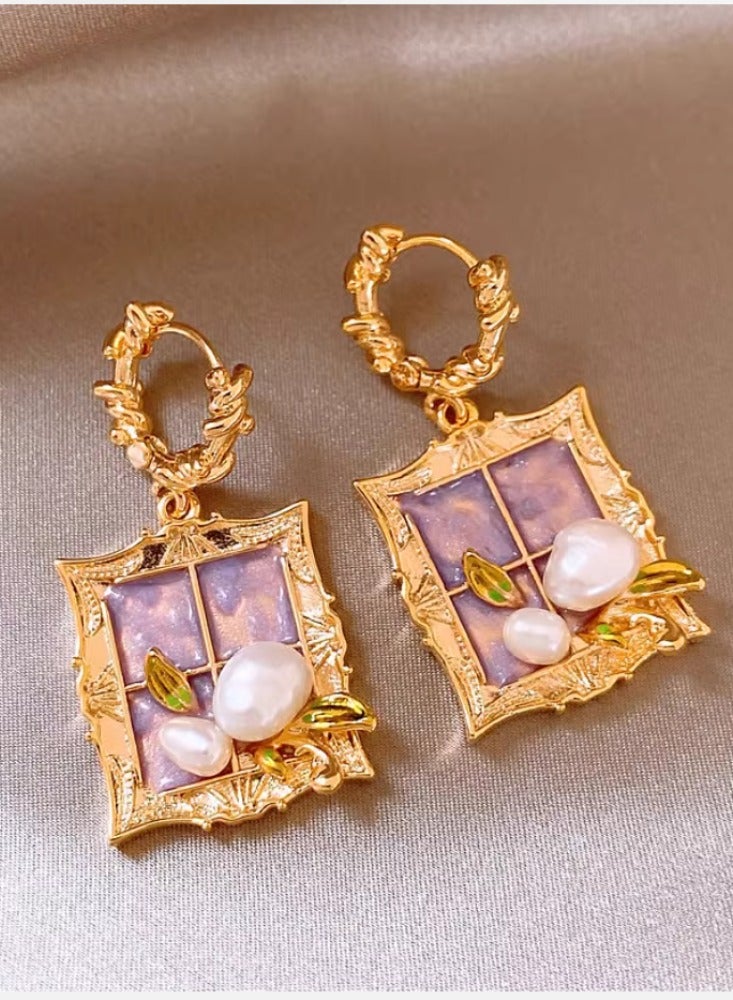 Monet Garden Baroque Pearl Oil Painting Photo Frame Purple Oil Painting Style Earrings Women's Light Luxury High End Unique Earrings - Image 1