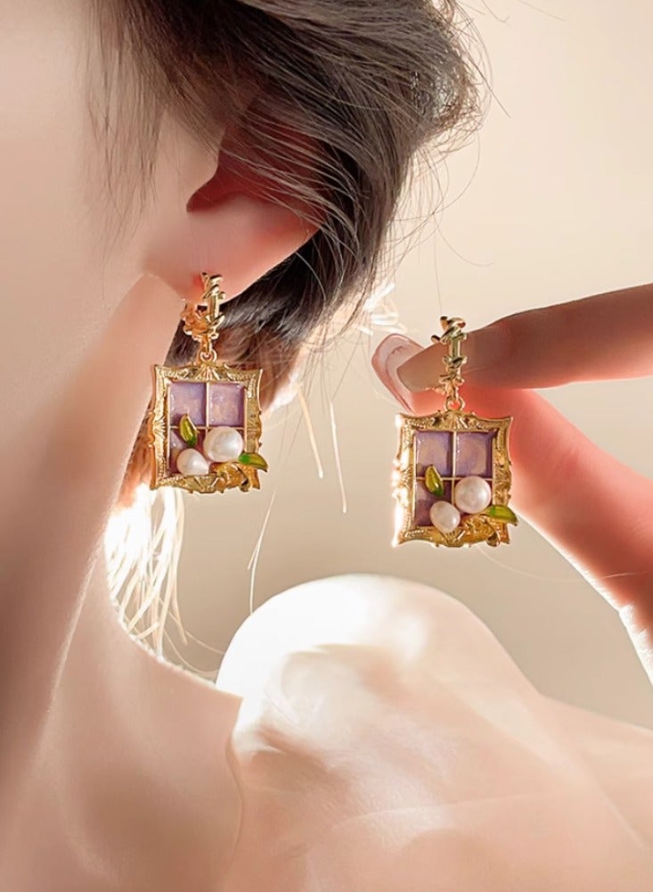 Monet Garden Baroque Pearl Oil Painting Photo Frame Purple Oil Painting Style Earrings Women's Light Luxury High End Unique Earrings - Image 2