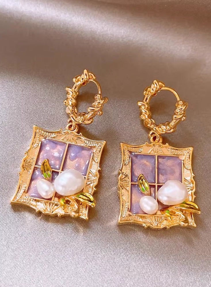 Monet Garden Baroque Pearl Oil Painting Photo Frame Purple Oil Painting Style Earrings Women's Light Luxury High End Unique Earrings - Image 3