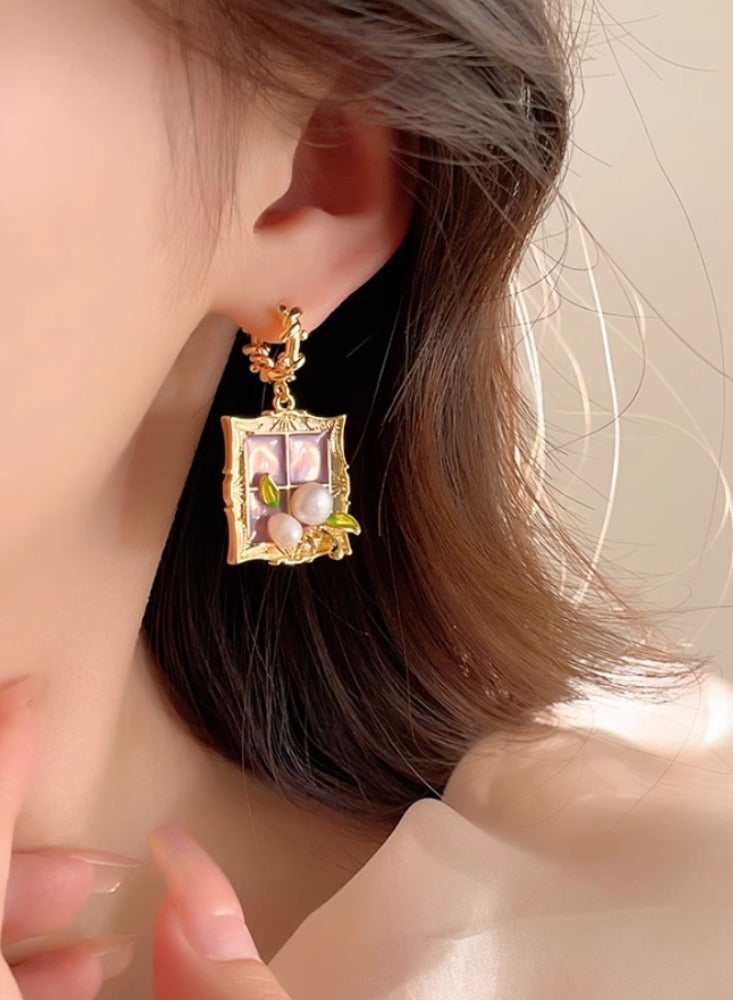 Monet Garden Baroque Pearl Oil Painting Photo Frame Purple Oil Painting Style Earrings Women's Light Luxury High End Unique Earrings - Image 4