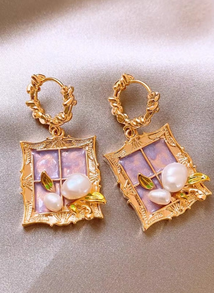 Monet Garden Baroque Pearl Oil Painting Photo Frame Purple Oil Painting Style Earrings Women's Light Luxury High End Unique Earrings - Image 5