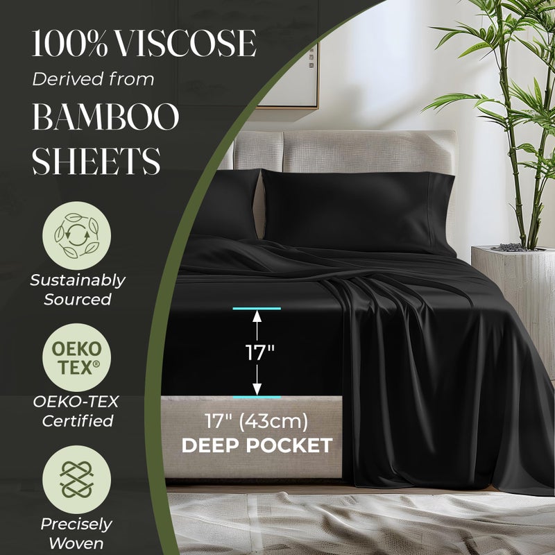 DECOLURE 100% Organic Viscose Derived from Bamboo Sheets King Size 4pcs - Ultra Soft & Luxuriously Cooling  17"" Deep Pocket  Double Stitching  Perfect for Hot Sleepers - King Bed Sheets (Black) - Image 4
