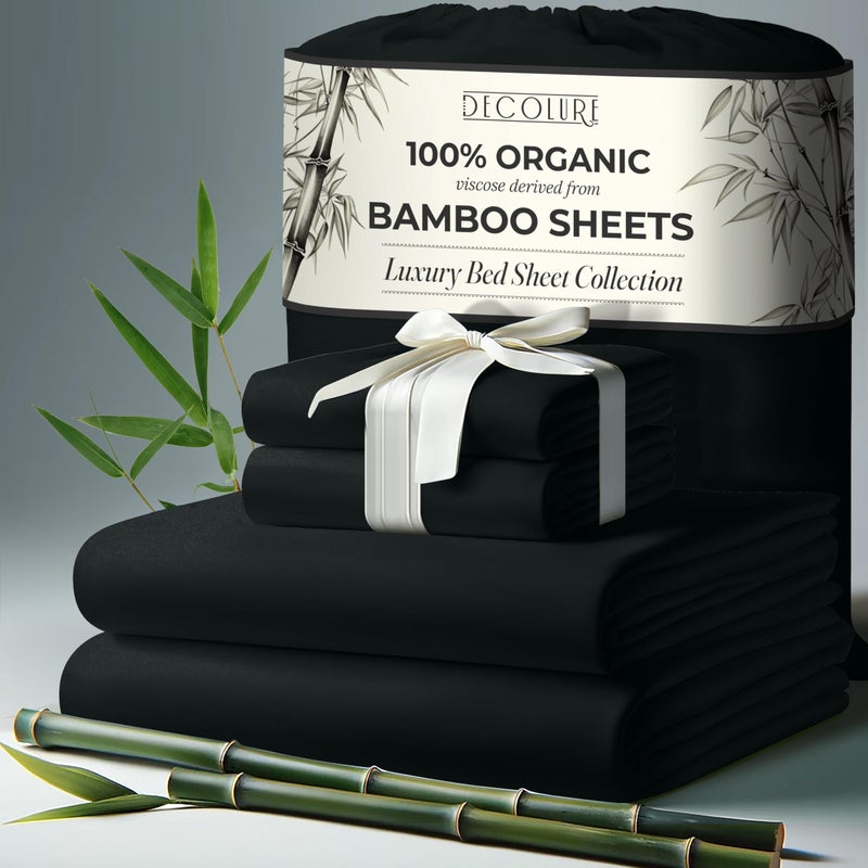 DECOLURE 100% Organic Viscose Derived from Bamboo Sheets King Size 4pcs - Ultra Soft & Luxuriously Cooling  17"" Deep Pocket  Double Stitching  Perfect for Hot Sleepers - King Bed Sheets (Black) - Image 1