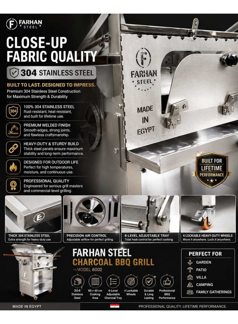 فرحان استيل شواية فحم FARHAN STEEL استانلس ستيل 304 بالكامل مقاس 60 × 40 سم – شواية باربكيو خارجية احترافية ببيت فحم متحرك 6 مستويات للتحكم في الحرارة، 4 عجلات بفرامل، عربة شواء فحم للحدائق والفلل والأسطح والرحلات والتجمعات العائلية – موديل 6002 - Image 5