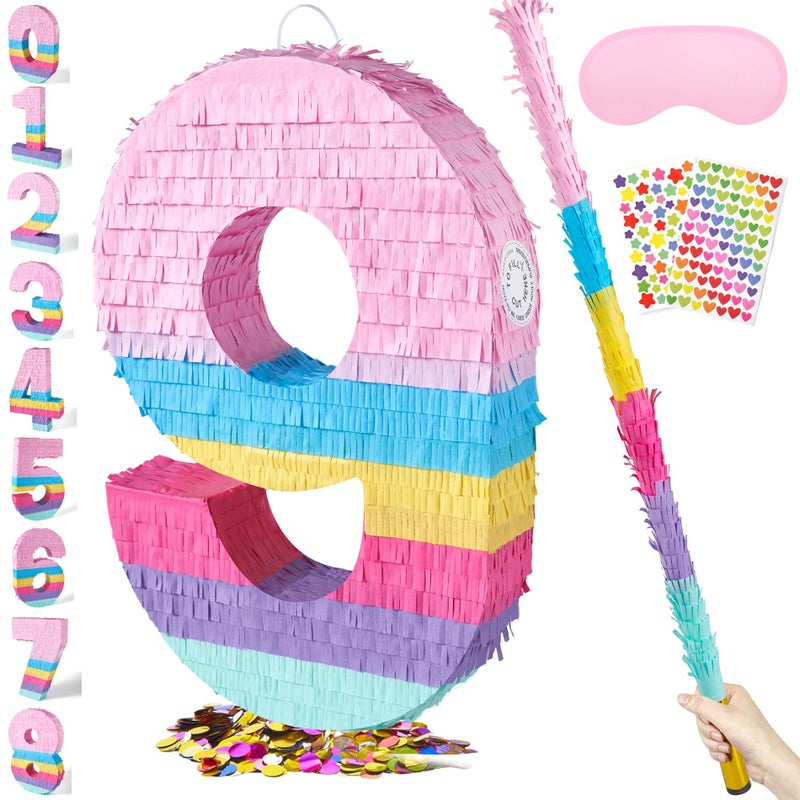 PCFING 20 Inch Number 9 Piata Candy Color with 30 Inch Piata Stick Blindfold Confetti for Boys Girls Adults Birthday Party Decorations Anniversary Celebration Fiesta - Image 3