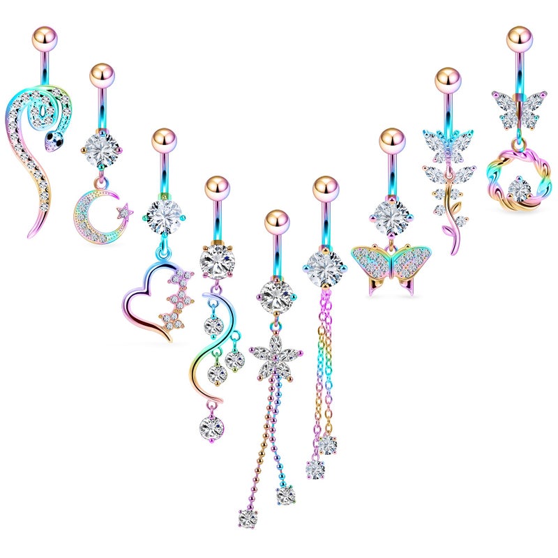 Vsnnsns 14G Dangle Belly Button Ring Piercing Jewelry 316L Stainless Surgical Steel Snake Navel Rings Heart CZ Butterfly Dangling Belly Button Ring Piercing Jewelry for Women 14 Gauge Rainbow - Image 1