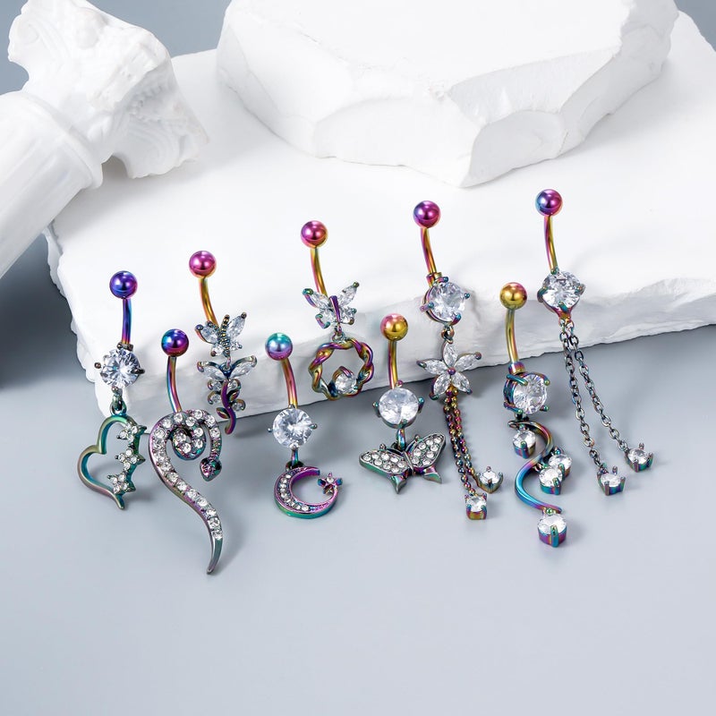 Vsnnsns 14G Dangle Belly Button Ring Piercing Jewelry 316L Stainless Surgical Steel Snake Navel Rings Heart CZ Butterfly Dangling Belly Button Ring Piercing Jewelry for Women 14 Gauge Rainbow - Image 2