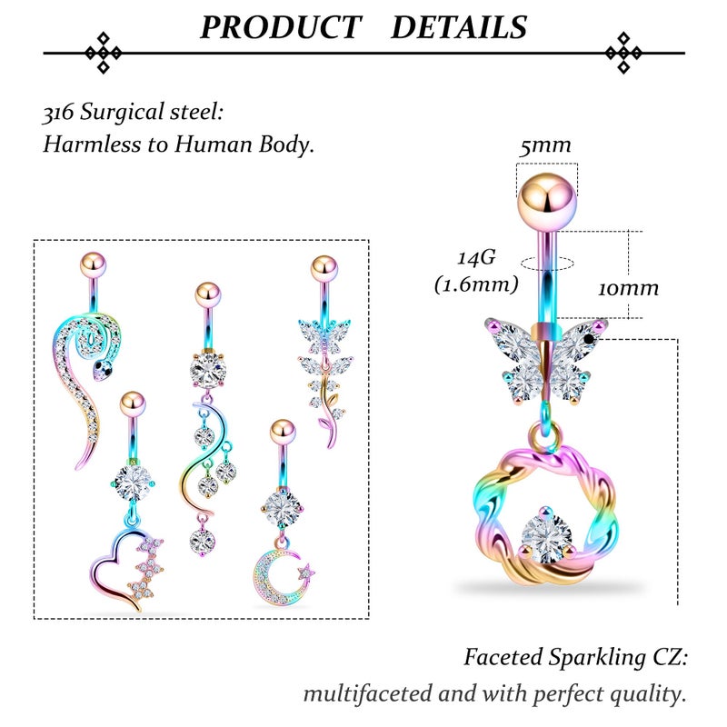 Vsnnsns 14G Dangle Belly Button Ring Piercing Jewelry 316L Stainless Surgical Steel Snake Navel Rings Heart CZ Butterfly Dangling Belly Button Ring Piercing Jewelry for Women 14 Gauge Rainbow - Image 3