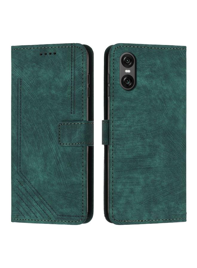 Green Tiger For Sony Xperia 10 VI Skin Feel Stripe Pattern Leather Phone Case with Lanyard(Green)