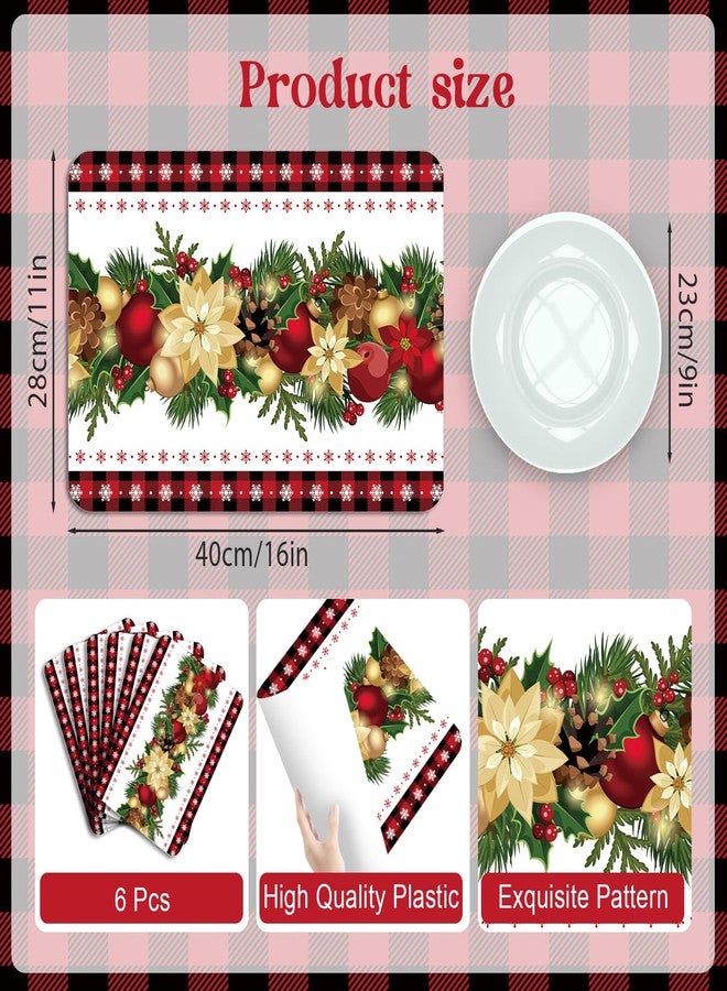 KOPOOEOE Christmas Plastic Placemats Set of 6, 11x16 Inch Christmas Ball Flower Table Mats Red and Black Buffalo Plaid Place Mat Vintage Dinner Mat for Xmas Winter Holiday Birthday Party - Image 2