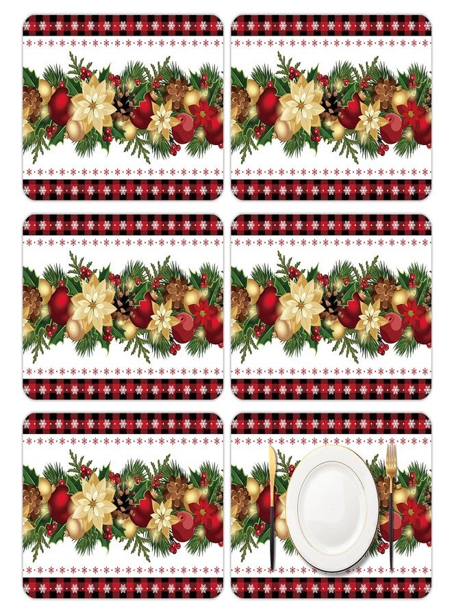KOPOOEOE Christmas Plastic Placemats Set of 6, 11x16 Inch Christmas Ball Flower Table Mats Red and Black Buffalo Plaid Place Mat Vintage Dinner Mat for Xmas Winter Holiday Birthday Party - Image 1