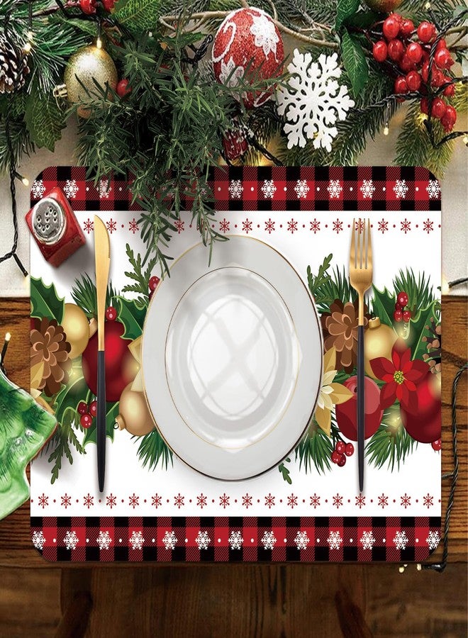 KOPOOEOE Christmas Plastic Placemats Set of 6, 11x16 Inch Christmas Ball Flower Table Mats Red and Black Buffalo Plaid Place Mat Vintage Dinner Mat for Xmas Winter Holiday Birthday Party - Image 4