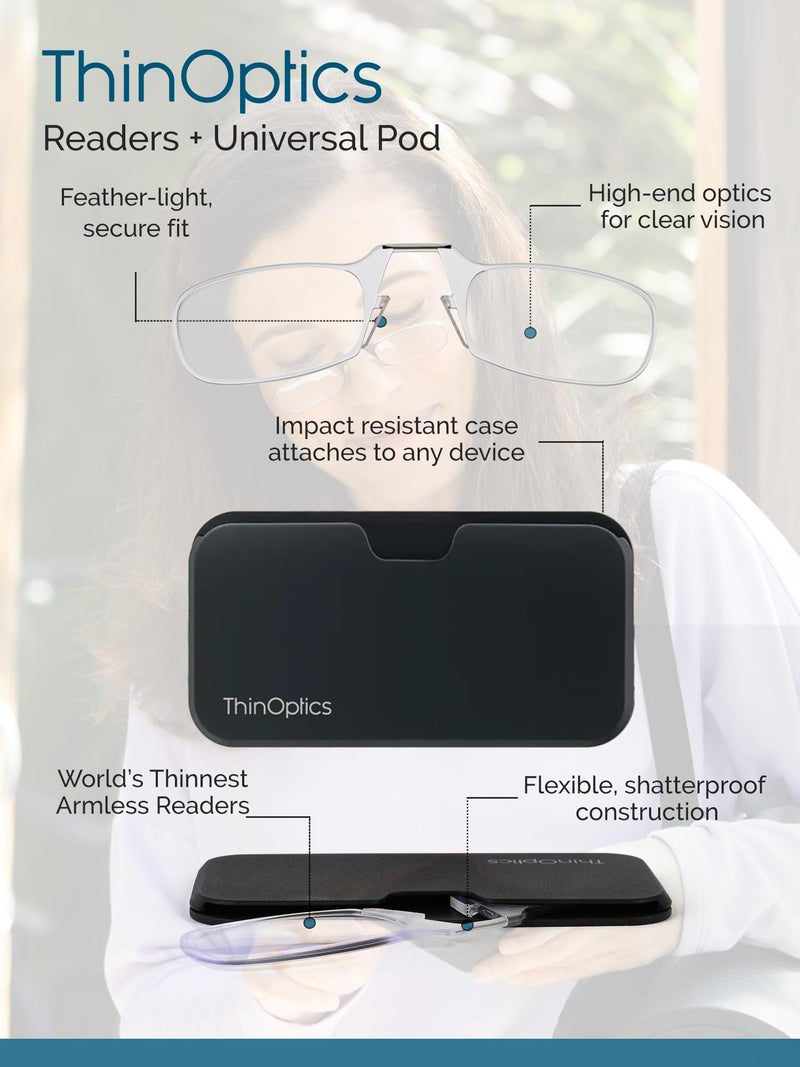 ThinOptics unisex-adult Reading Glasses + Black Universal Pod Case | Black Frames, 2.00 Strength Readers Black Frames / Black Case, 44 mm - Image 4