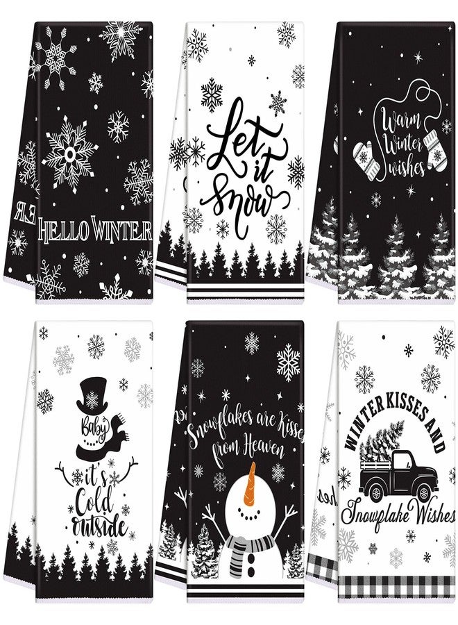 FuWeave 6 Pcs Winter Kitchen Towels Black White Snowman Dish Hand Towel 15.8 x 23.6'' Snowflake Let It Snow Decorative Tea Dish Towels Farmhouse Xmas Kitchen Decor for Bathroom Housewarming Gift - Image 1
