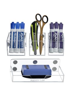 MyGift Premium Clear Acrylic Magnetic Dry Erase Marker Holder And Office Supplies Storage Containers, 4 Piece Set Includes 1 Tray And 3 Cubed Boxes  - Image 5
