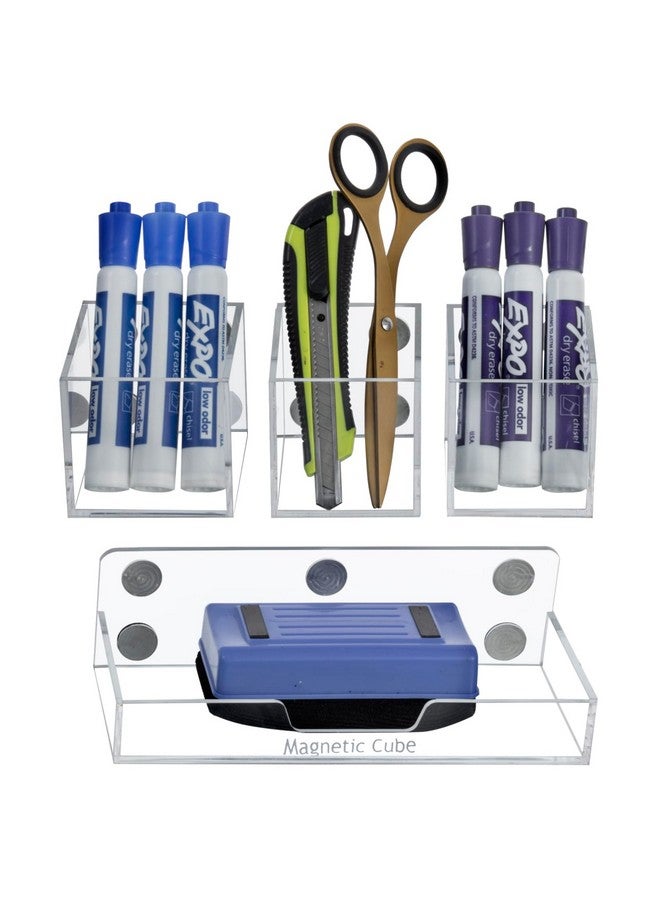 MyGift Premium Clear Acrylic Magnetic Dry Erase Marker Holder And Office Supplies Storage Containers, 4 Piece Set Includes 1 Tray And 3 Cubed Boxes  - Image 5