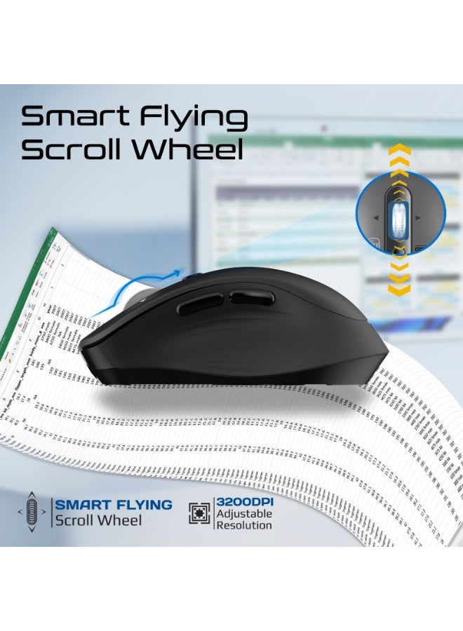 PROMATE SamoTri Rechargeable Wireless Mouse, Tri-Mode, Dual BT 5.0 + 2.4GHz, Smart Flying Scroll Wheel, 3200 DPI, USB-C Charging, Silent Operation, Mac/Windows/iPad/Android Compatibility | Black - Image 3