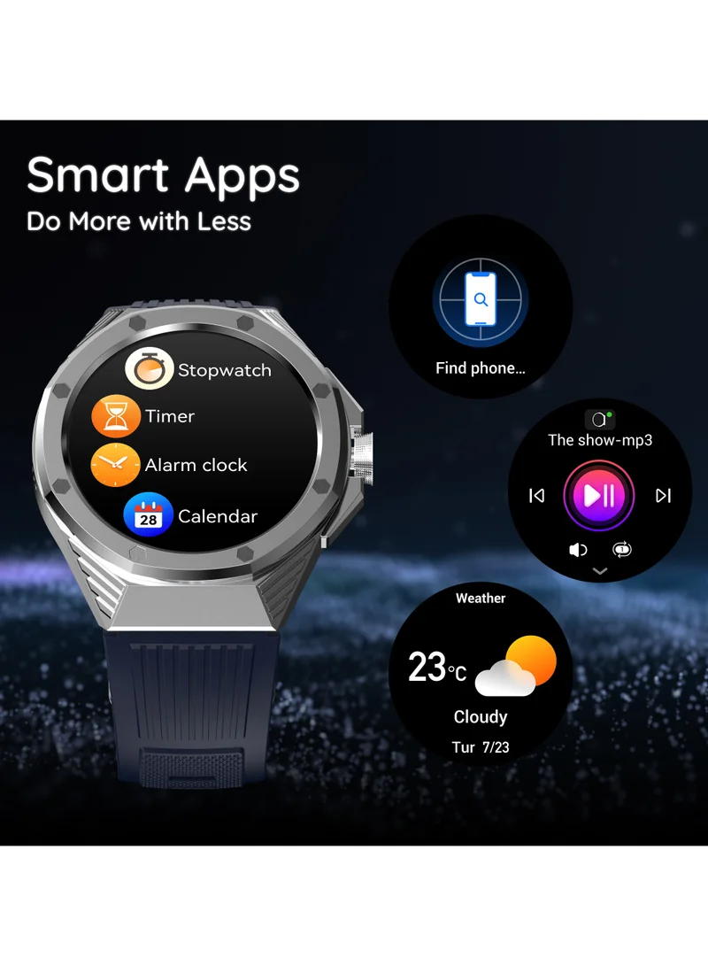 Pebble Odyssey 1.46" HD Infinite Display, One Time BT Connect, BT Calling, Heart Rate Monitoring, SPo2, Sedentary Alert, Mutiple Sports Modes, AI Voice Assistant, Sleep Monitor, Alarm & Notification, Premium Rugged Build, Smart Calculator, Metal Blue