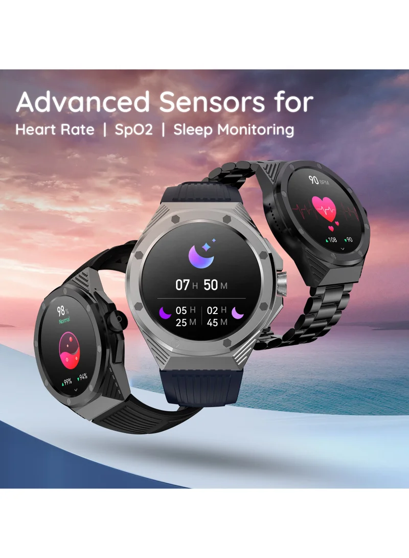 Pebble Odyssey 1.46" HD Infinite Display, One Time BT Connect, BT Calling, Heart Rate Monitoring, SPo2, Sedentary Alert, Mutiple Sports Modes, AI Voice Assistant, Sleep Monitor, Alarm & Notification, Premium Rugged Build, Smart Calculator, Metal Blue
