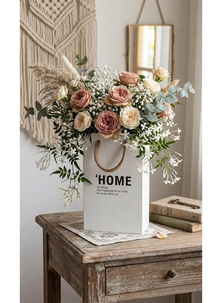 أصيص نباتات خشبي بتصميم حقيبة مزود بمقبض وعبارة "HOME" - وعاء زهور بنمط ريفي (مزرعة) للنباتات الداخلية والخارجية - Image 4