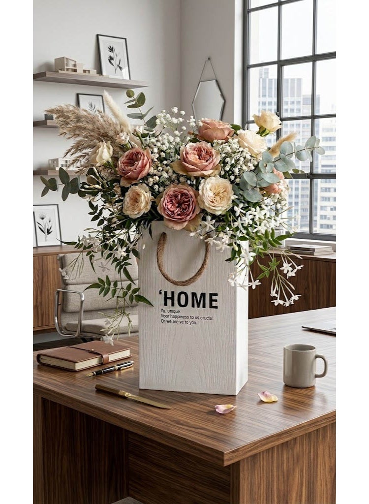 أصيص نباتات خشبي بتصميم حقيبة مزود بمقبض وعبارة "HOME" - وعاء زهور بنمط ريفي (مزرعة) للنباتات الداخلية والخارجية - Image 2