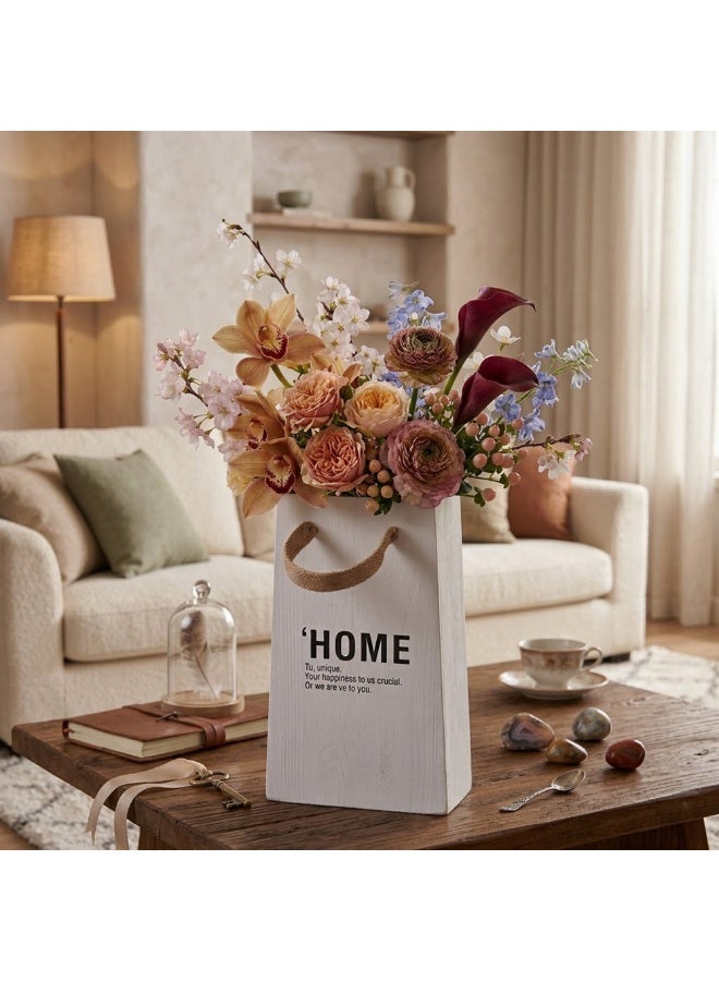 Wooden Wooden Bag Plant Pot with Handle and HOME Inscription - Rustic Farmhouse Flower Container for Indoor & Outdoor Plants - Image 4
