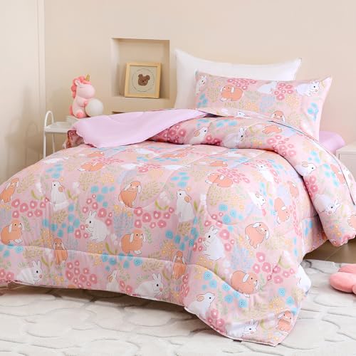 Homilay Toddler Size Light Pink Comforter Set for Kids, Toddler, Boys&Girls, 4 Pieces Bed-in-a-Bag Bedding Set, All Season Ultra Soft Oeko TEX Sheets Set with Comforter, (Cute Rabbit) - Image 1