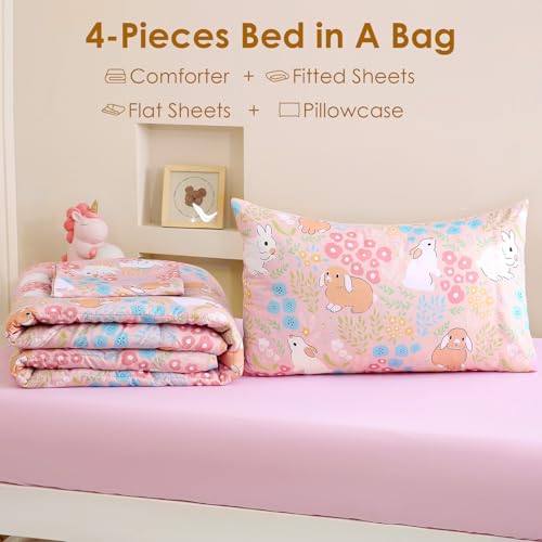 Homilay Toddler Size Light Pink Comforter Set for Kids, Toddler, Boys&Girls, 4 Pieces Bed-in-a-Bag Bedding Set, All Season Ultra Soft Oeko TEX Sheets Set with Comforter, (Cute Rabbit) - Image 3