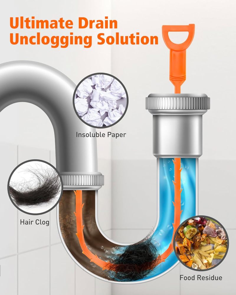 Drain Clog Remover 6-Piece Orange Set Quick Hair Removal Plumbing Snake Tool - Multi-Pipe Compatible Drain Hair Removal Tool for Bathroom Kitchen Sink Bathtub - Image 3