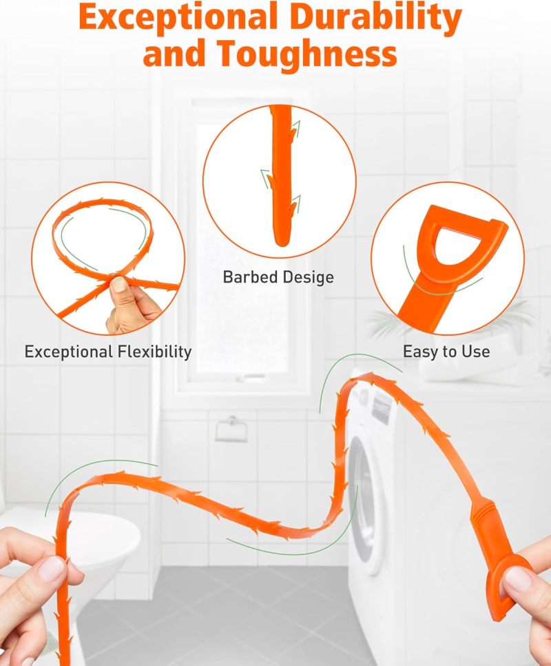 Drain Clog Remover 6-Piece Orange Set Quick Hair Removal Plumbing Snake Tool - Multi-Pipe Compatible Drain Hair Removal Tool for Bathroom Kitchen Sink Bathtub - Image 2