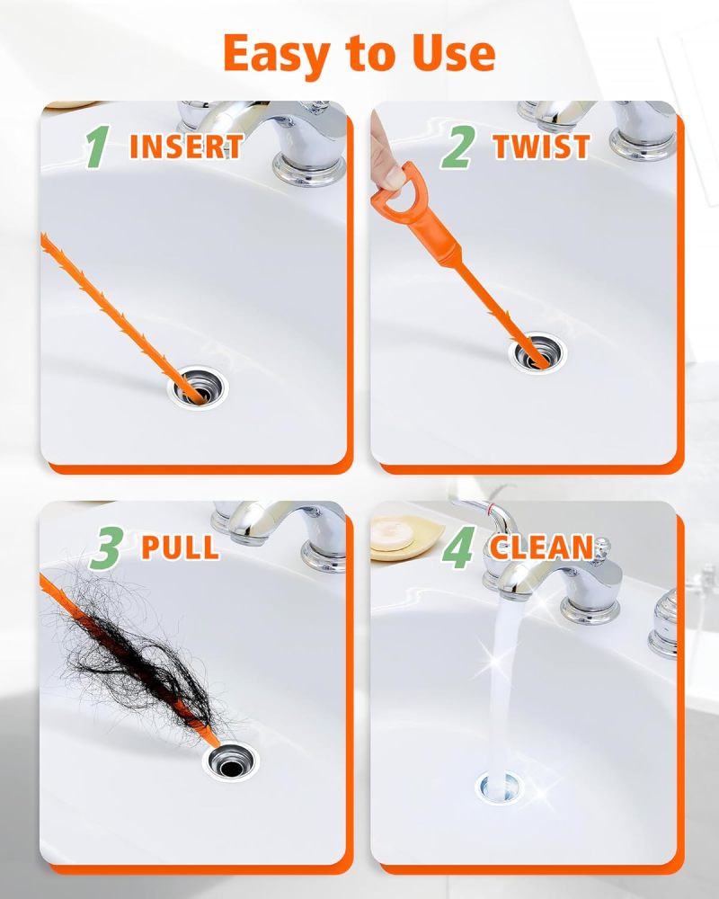 Drain Clog Remover 6-Piece Orange Set Quick Hair Removal Plumbing Snake Tool - Multi-Pipe Compatible Drain Hair Removal Tool for Bathroom Kitchen Sink Bathtub - Image 5