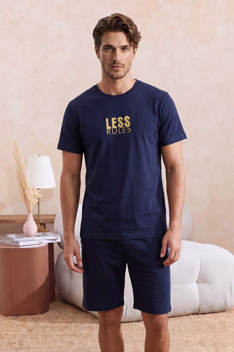trendyol Navy Blue Gray Regular Fit Printed Knitted Shorts Pajama Set Tmnss25Pt00032 - Image 2
