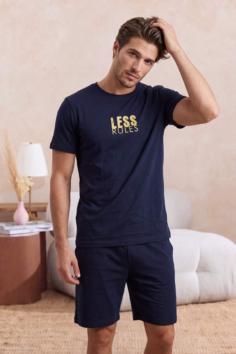 trendyol Navy Blue Gray Regular Fit Printed Knitted Shorts Pajama Set Tmnss25Pt00032 - Image 1