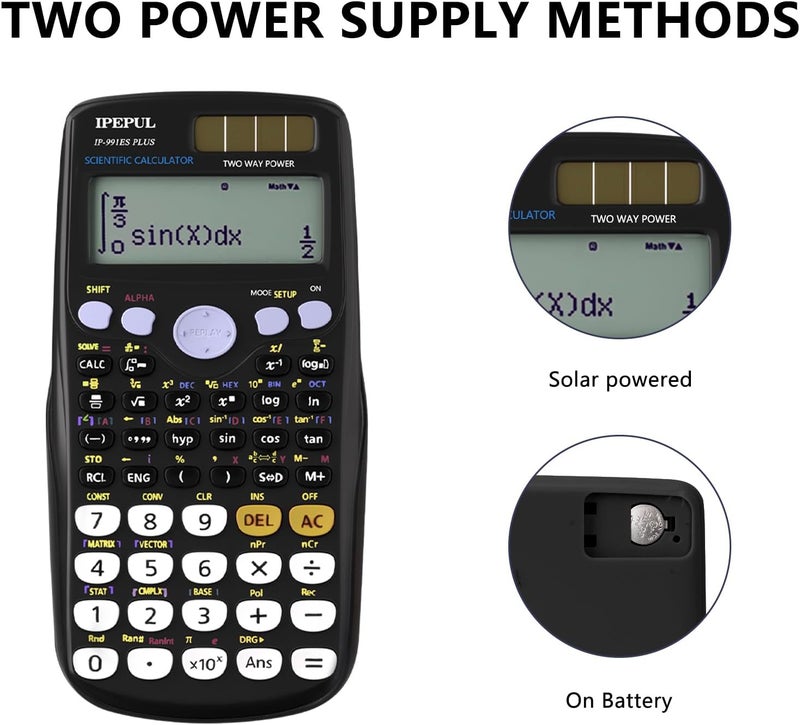 iPepul Scientific Calculators, Math Calculator with 417 Function, Solar Battery Power and 4-Lines Display, School Supplies for Middle High College Students Teachers (Black 991ES) - Image 2