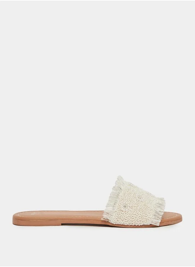 Styli Textured Pearl Embellished Flat Sandals