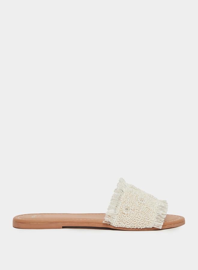 Styli Textured Pearl Embellished Flat Sandals  - Image 1