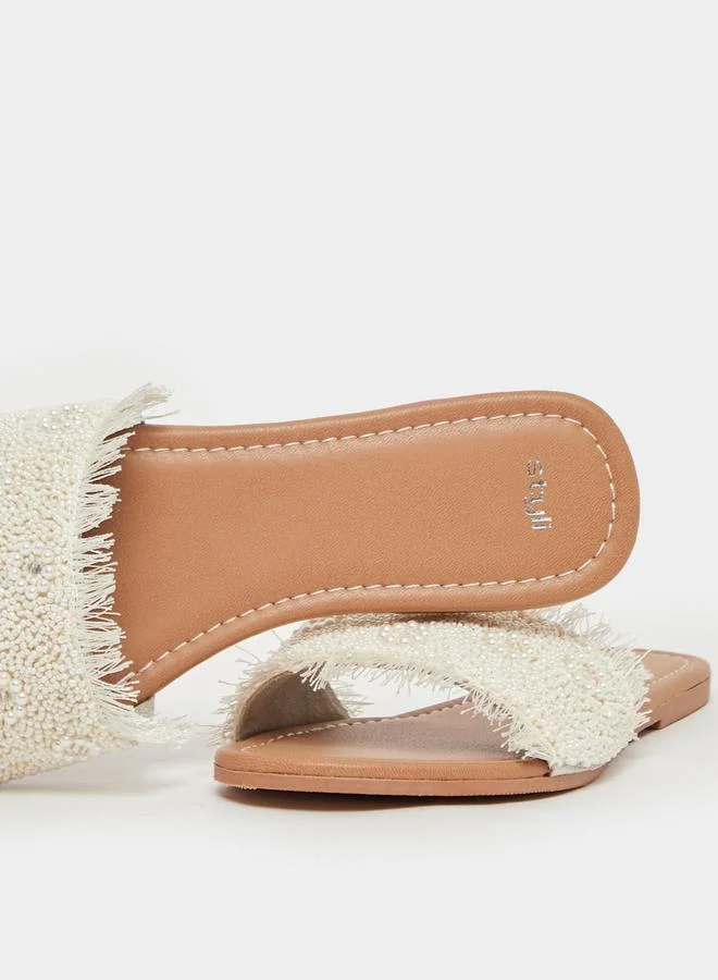 Styli Textured Pearl Embellished Flat Sandals