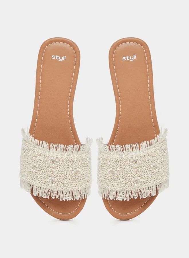 Styli Textured Pearl Embellished Flat Sandals