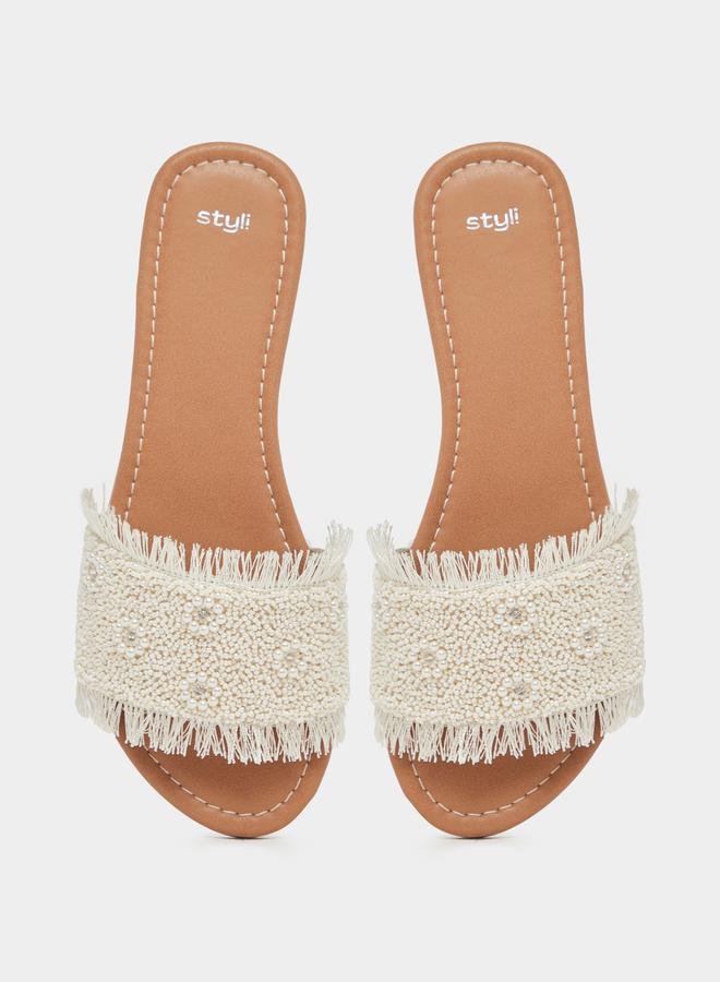 Styli Textured Pearl Embellished Flat Sandals  - Image 5