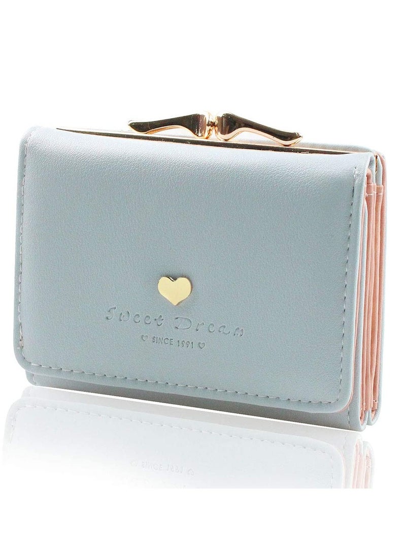 SOLARAE Women's Wallet Purses Leather Wallet Women Credit Card Holder Ladies Purse Clutch Holder Case with Heart-Shaped Metal Buckle Gift (Blue) - Image 1