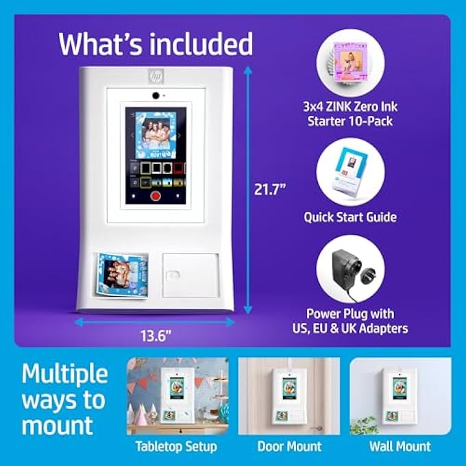 SPROCKET PHOTO BOOTH MACHINE INSTANT COLOR PHOTO PRINTER - 10.1" TOUCHSCREEN, LED RING LIGHT - CUSTOMIZE W/250+ FUN FRAMES, PRINTS ON 3X4 ZINK PAPER OR SHARE VIA QR CODE, MOBILE NOTIFY APP - WHITE - Image 3