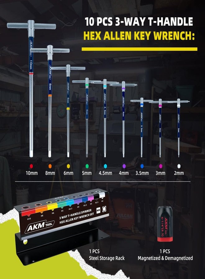 AKM TOOL 11 Pcs 3-Way T-Handle Hex Allen Key Wrench Set, Metric, 2mm-10mm, Sliding Handle, T Handle Allen Wrench Set with Magnetized & Demagnetized, for Versatile Speed And Leverage Application - Image 4