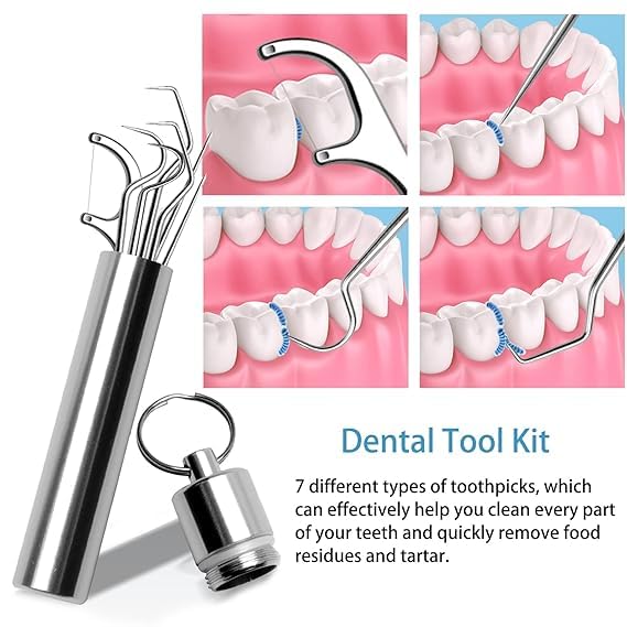 Gyanadh tooth claening kit, Dental Tools 7 in 1 Stainless Steel Teeth Cleaning Tool Kit Reusable Toothpick Reusable, Toothpick Metal Pocket Tooth Pick Holder For Outdoor Picnics and Camping - Image 4