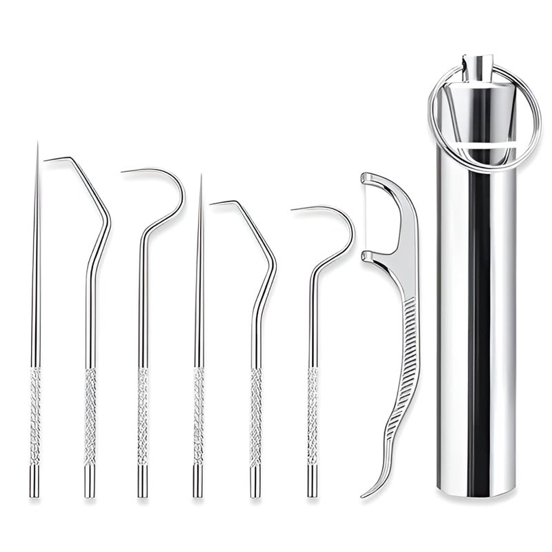 Gyanadh tooth claening kit, Dental Tools 7 in 1 Stainless Steel Teeth Cleaning Tool Kit Reusable Toothpick Reusable, Toothpick Metal Pocket Tooth Pick Holder For Outdoor Picnics and Camping - Image 1